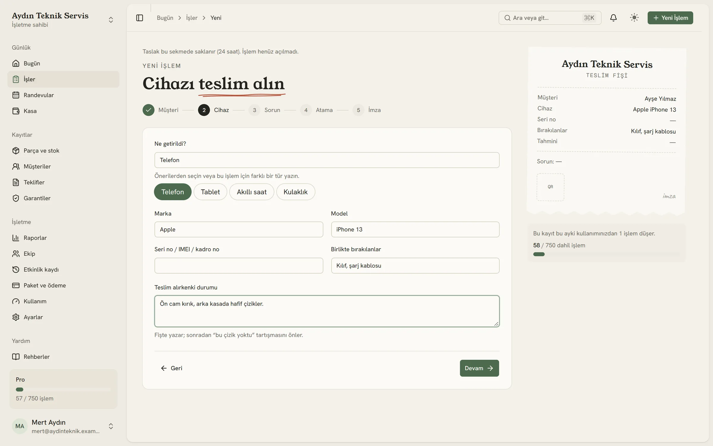 Yeni işlem sihirbazı: cihaz bilgileri ve canlı teslim fişi önizlemesi