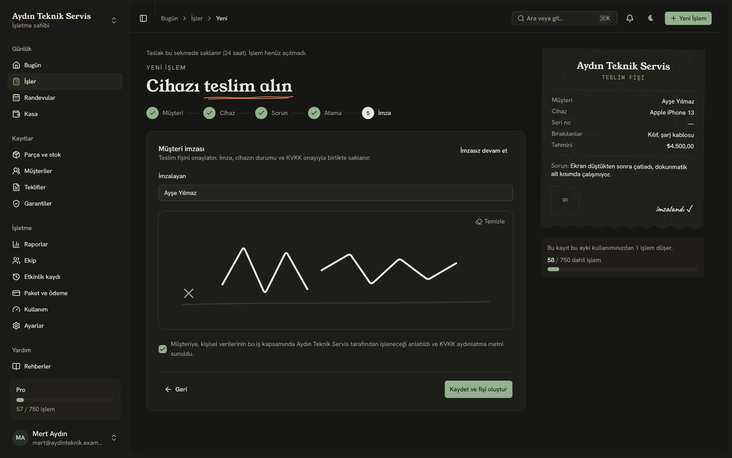 Teslim alma adımında müşteri imzası ve teslim fişi önizlemesi