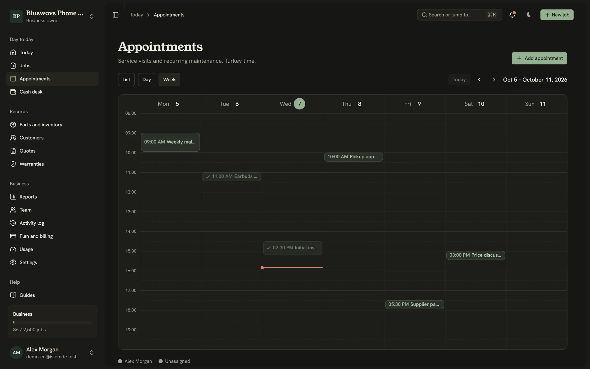 Appointment calendar: the week's service visits, each technician in their own color
