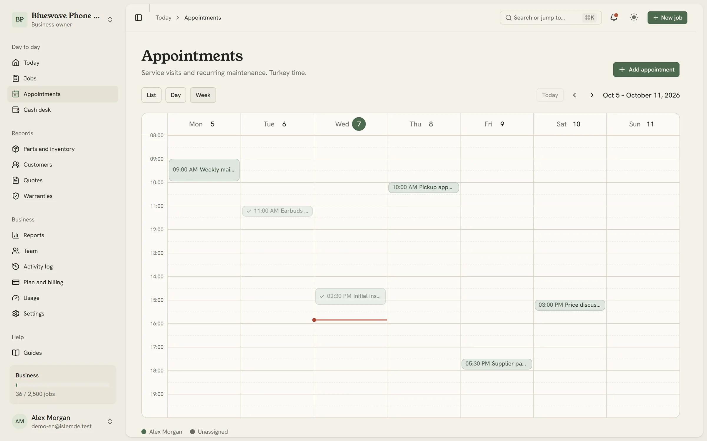 Appointment calendar: the week's service visits, each technician in their own color