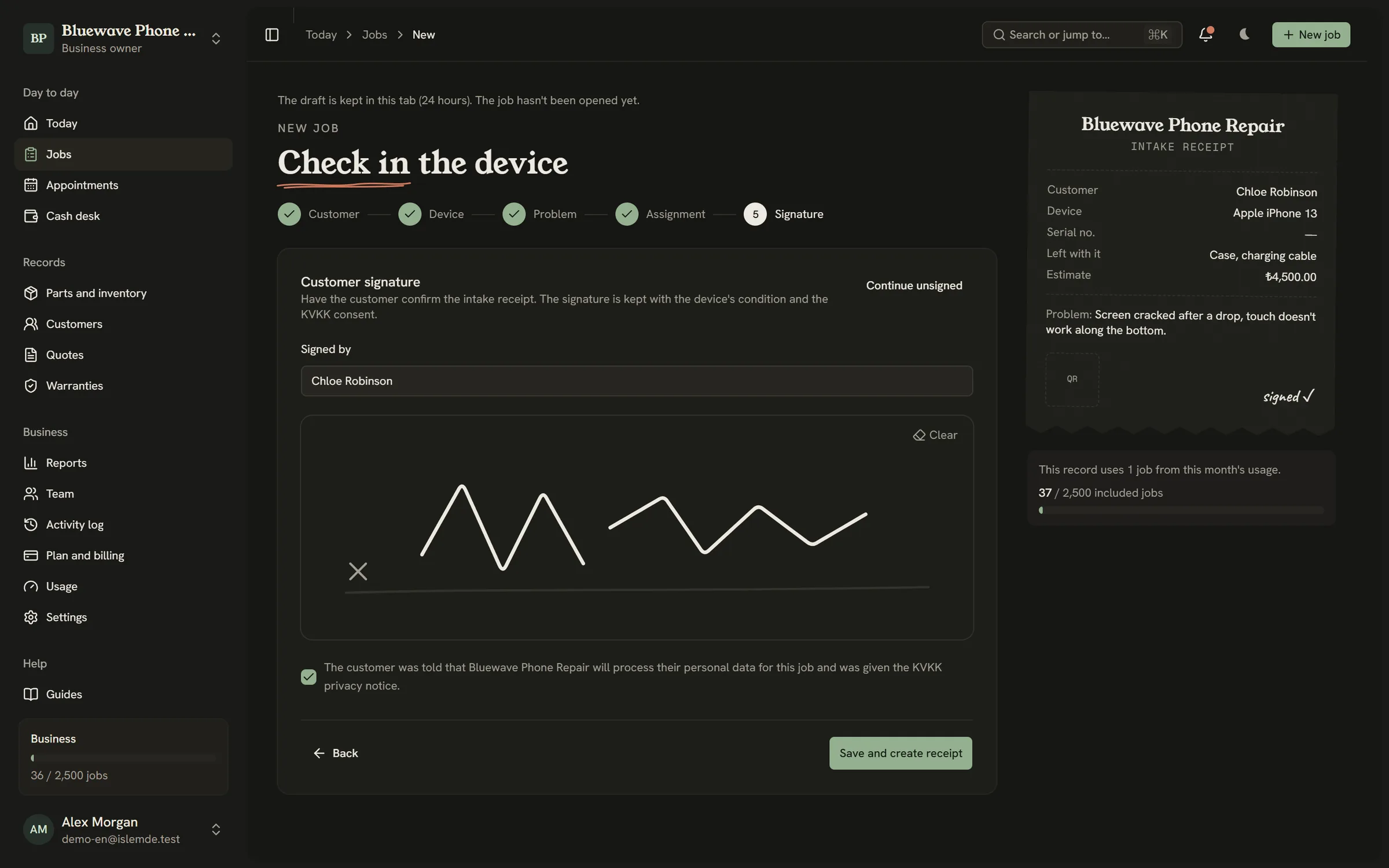 Customer signature and intake receipt preview at the intake step