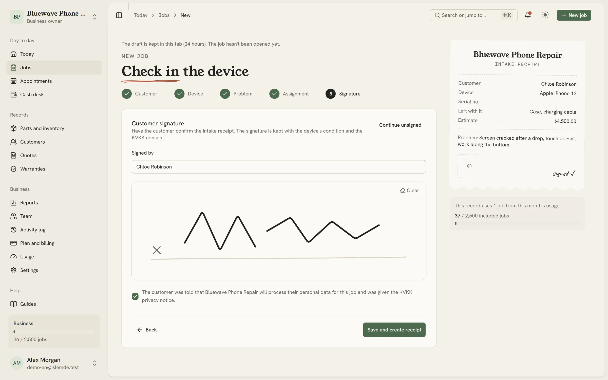 Customer signature and intake receipt preview at the intake step