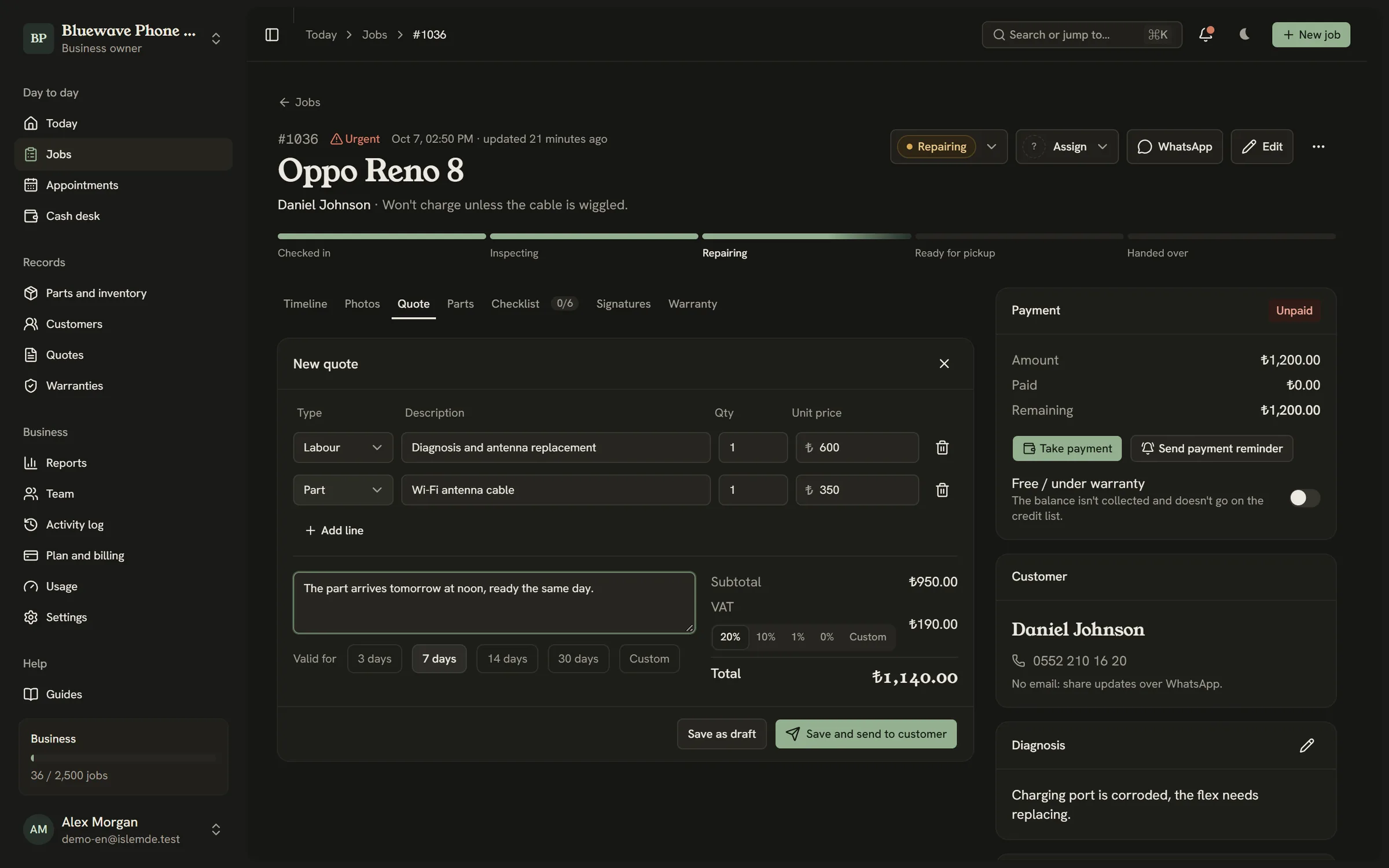 Quote editor: line items, unit price and VAT