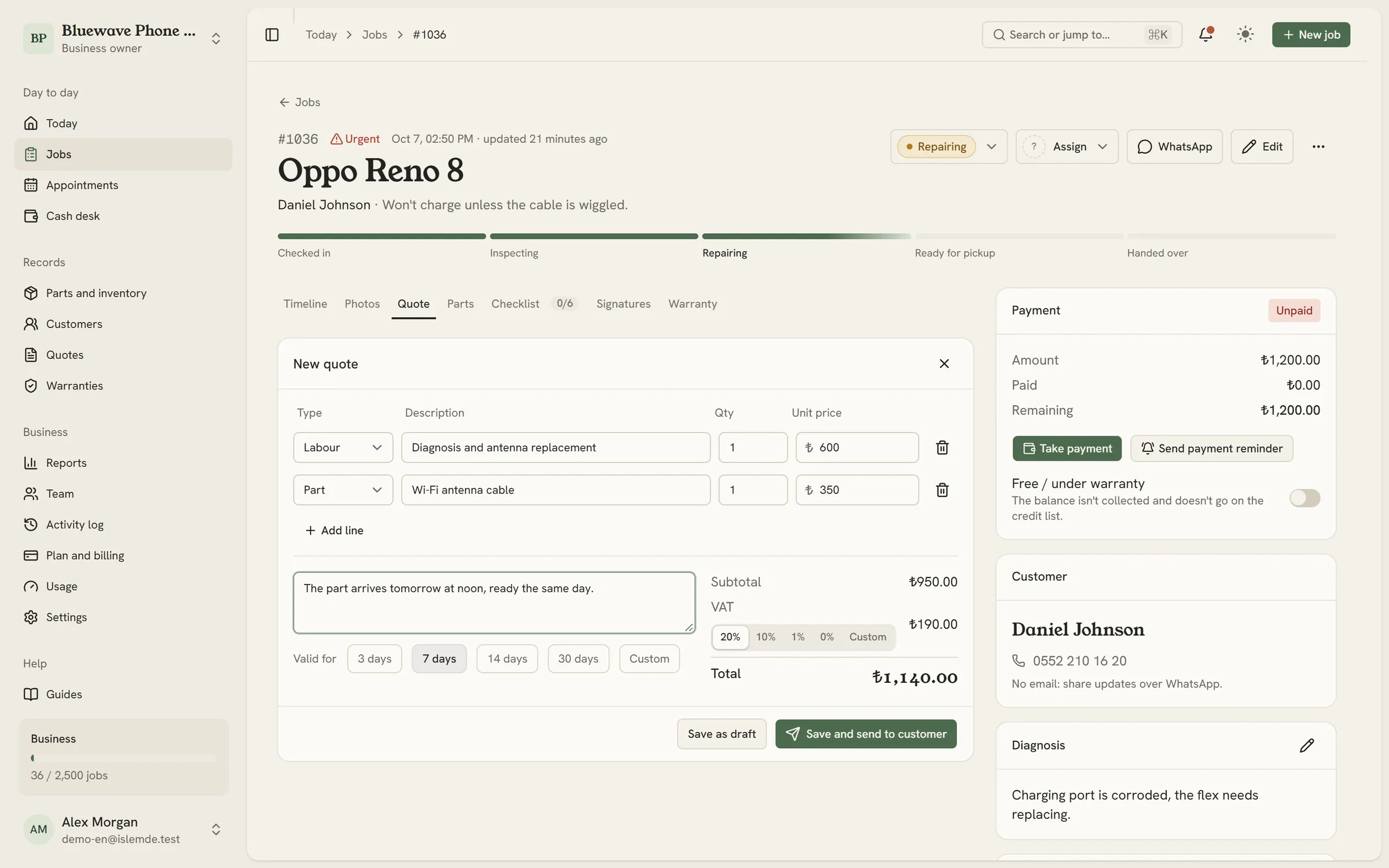 Quote editor: line items, unit price and VAT