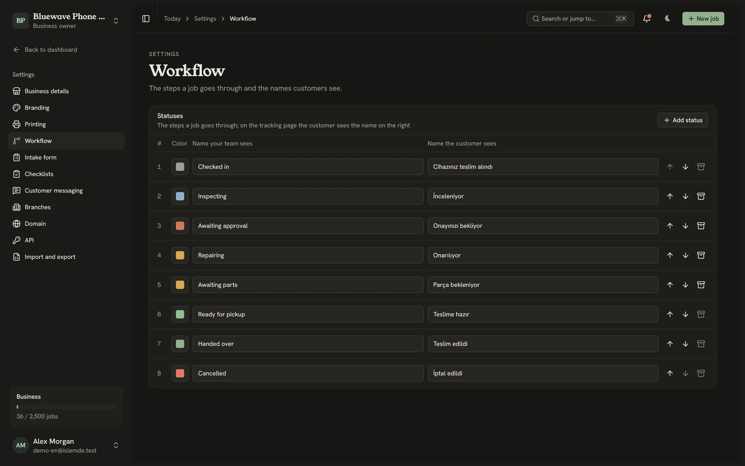 Workflow settings: statuses, colors and the names customers see