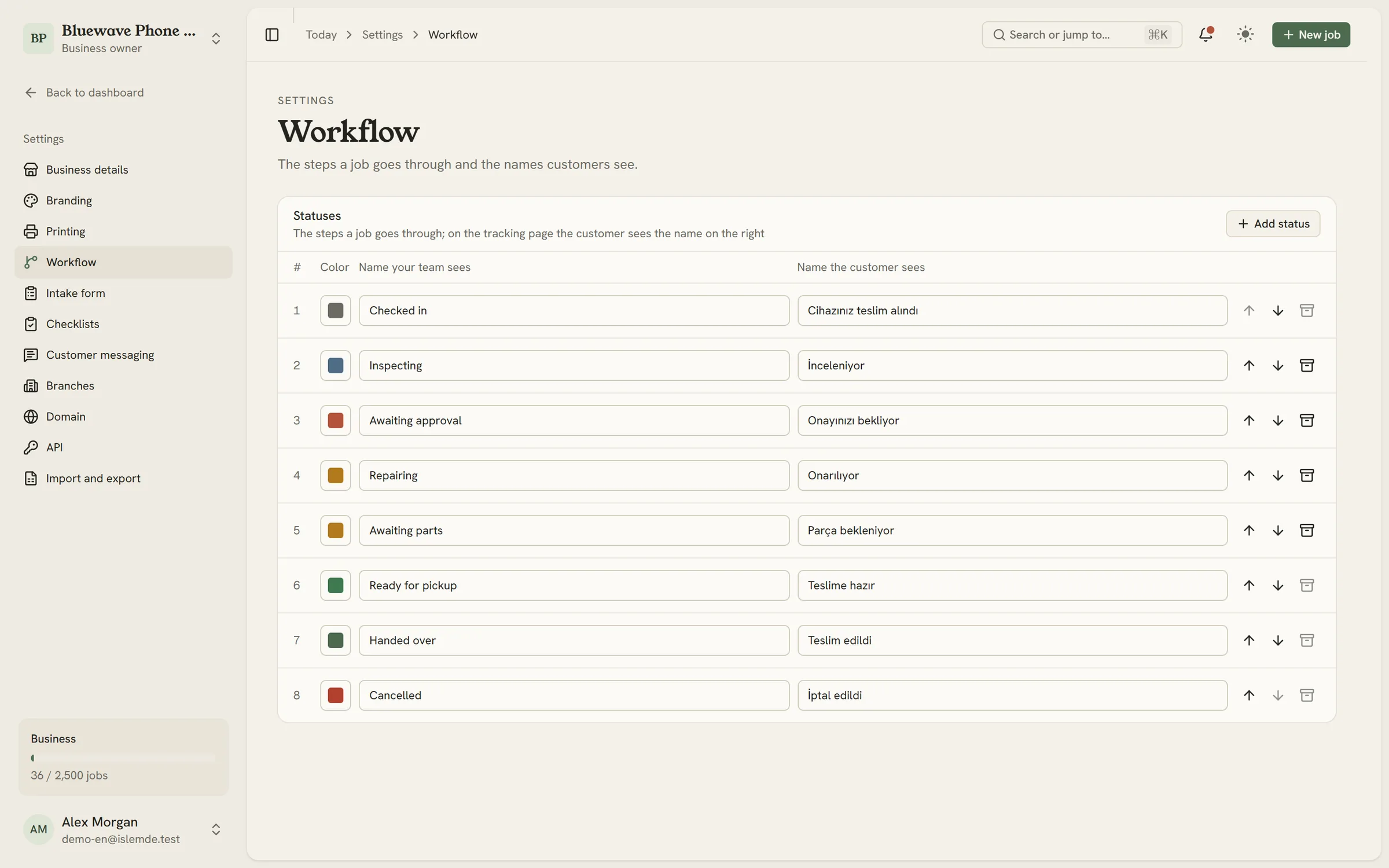 Workflow settings: statuses, colors and the names customers see