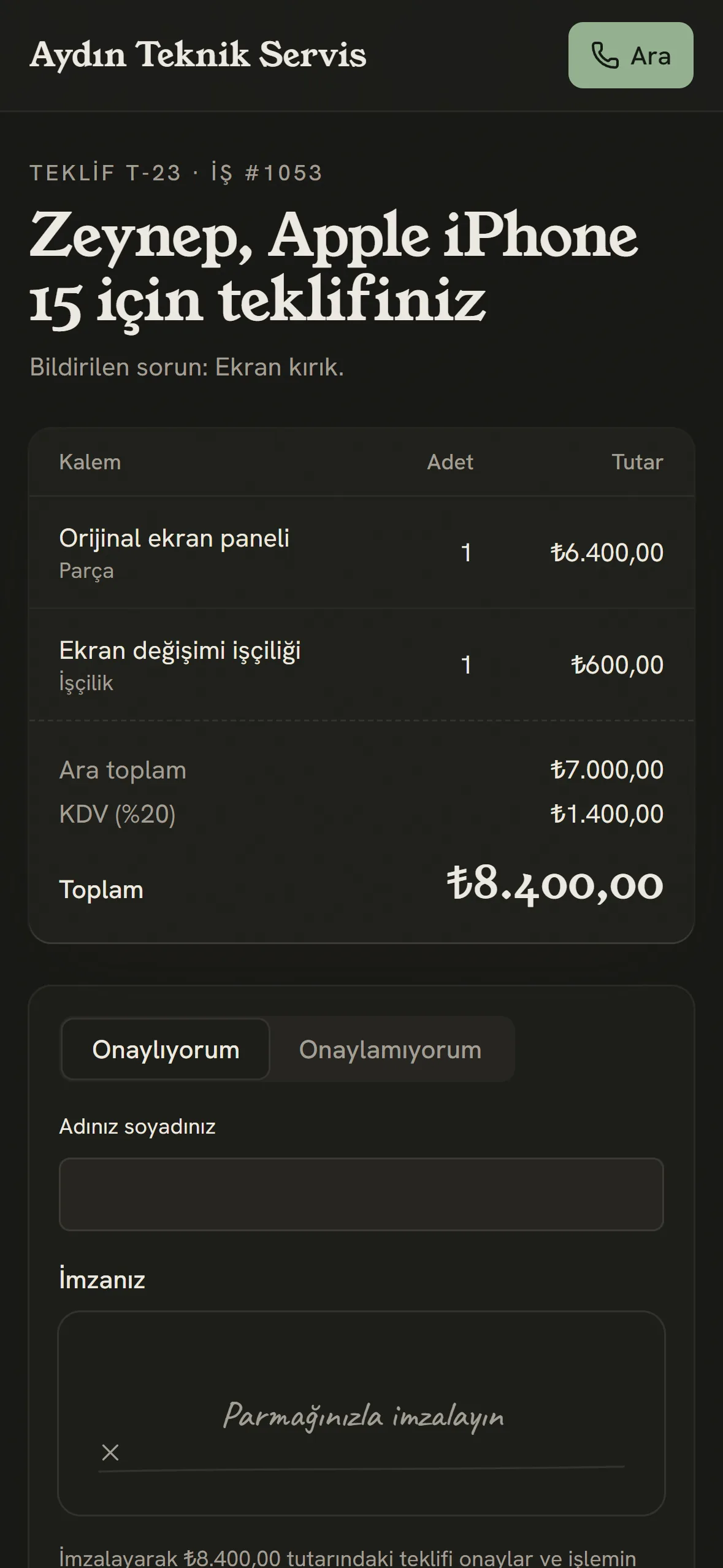 Müşterinin telefonunda teklif sayfası