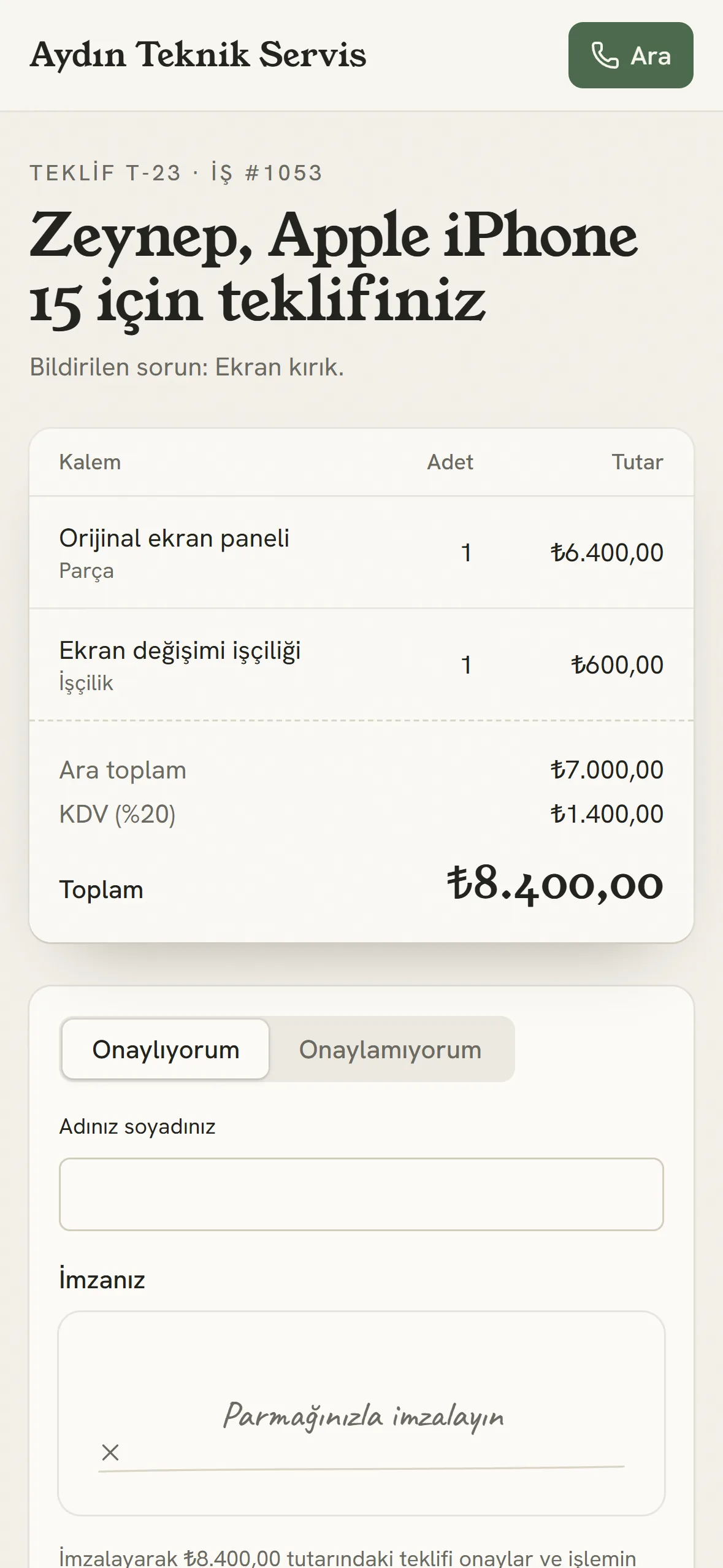 Müşterinin telefonunda teklif sayfası