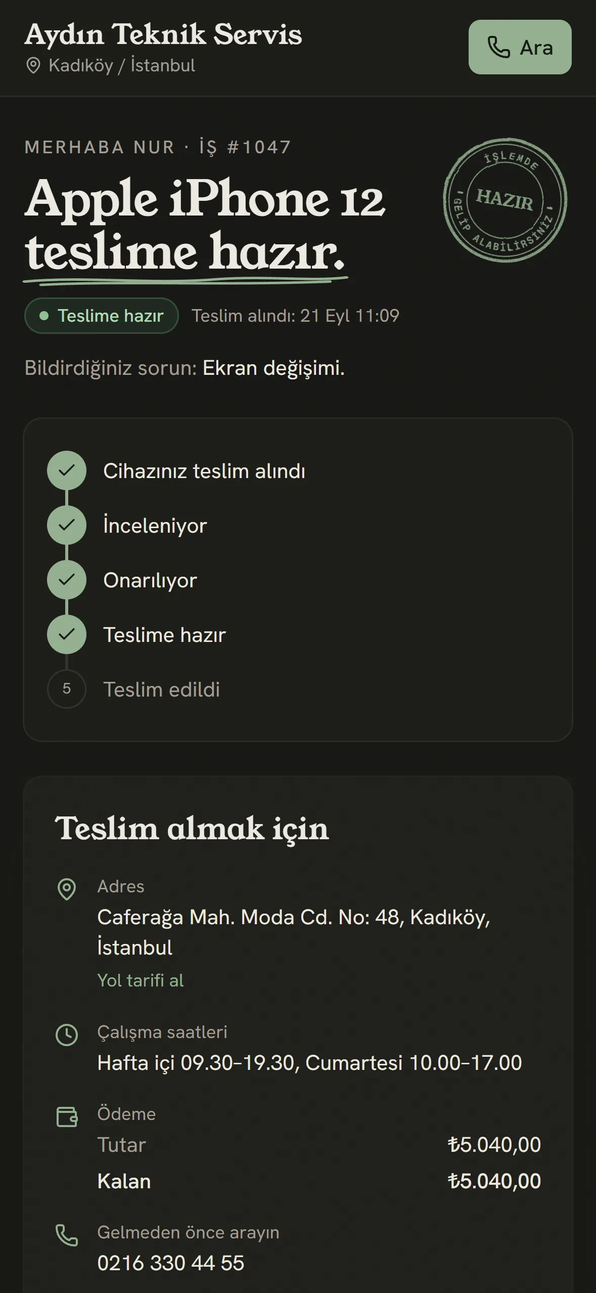 Takip sayfası: cihaz teslime hazır