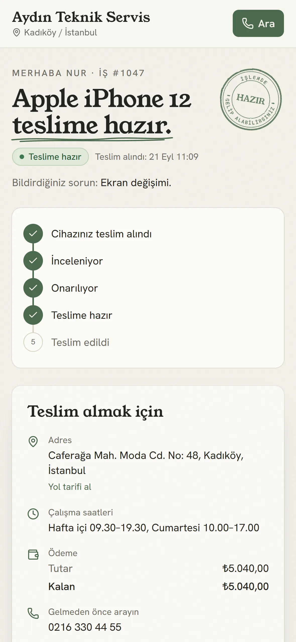 Takip sayfası: cihaz teslime hazır