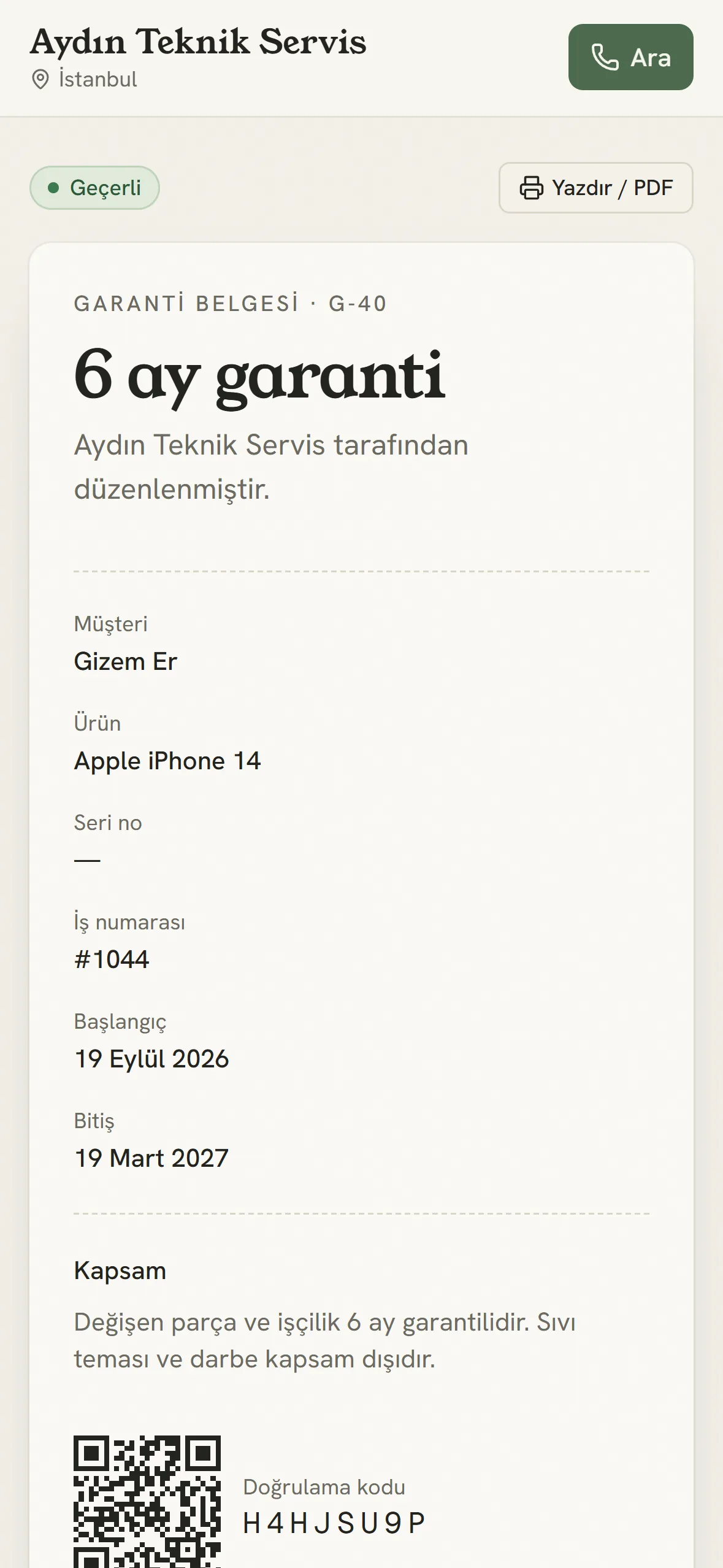 Dijital garanti belgesi doğrulama sayfası