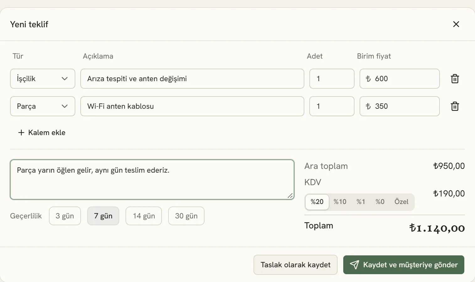 Emin değilseniz "Taslak olarak kaydet" ile saklayıp sonra gönderebilirsiniz.