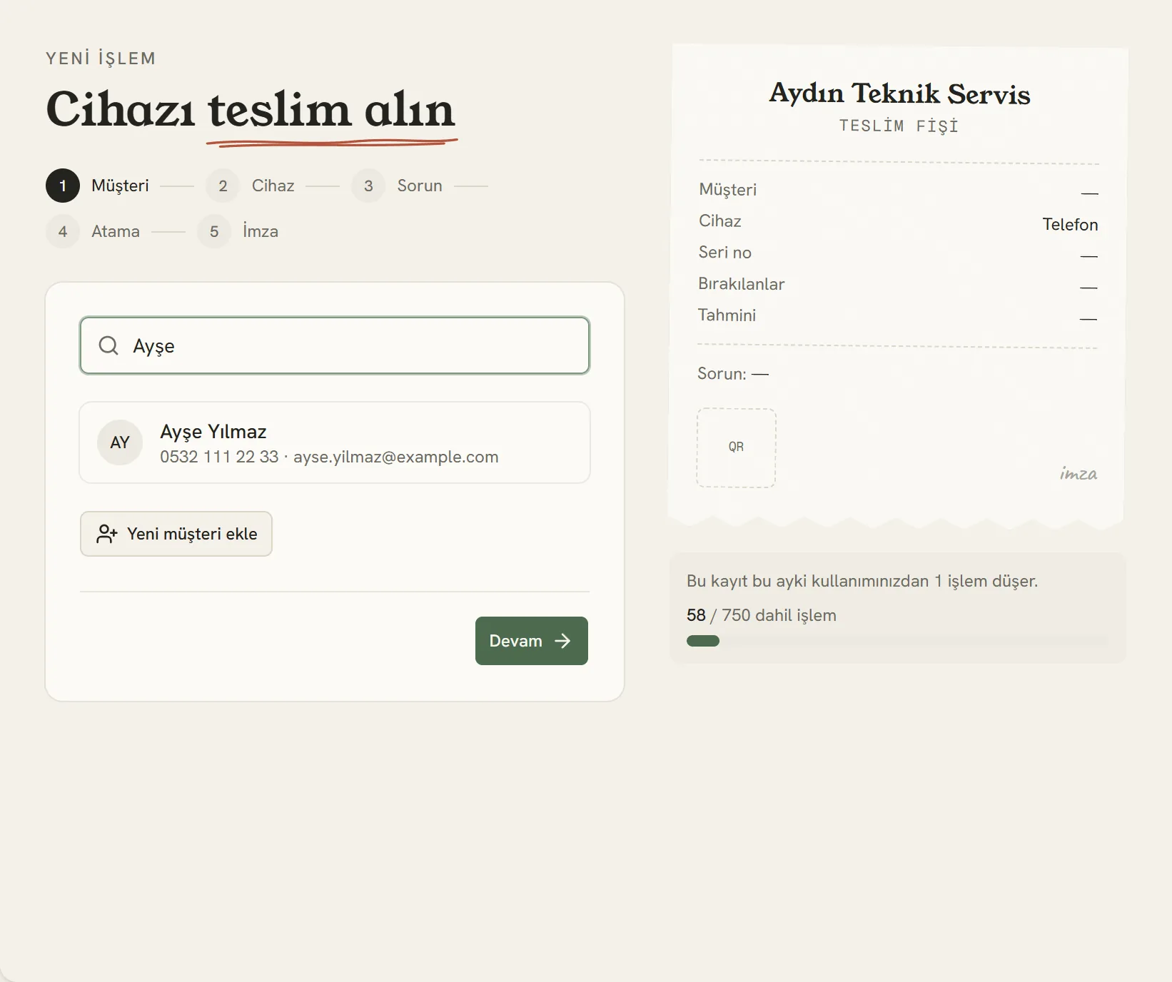 Sağdaki teslim fişi siz yazdıkça dolar; müşteriye ne verileceğini baştan görürsünüz.